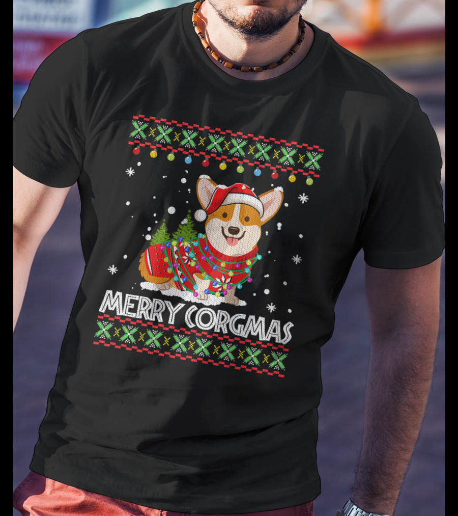 Merry Corgmas Corgi Dog Santa Hat Christmas Tree Lights Sweater Snowflakes T-Shirt