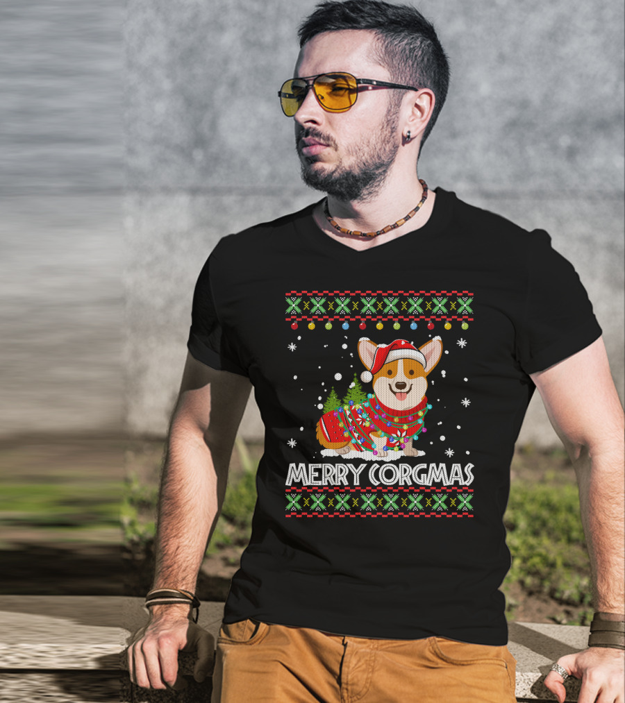 Merry Corgmas Corgi Dog Santa Hat Christmas Tree Lights Sweater Snowflakes T-Shirt
