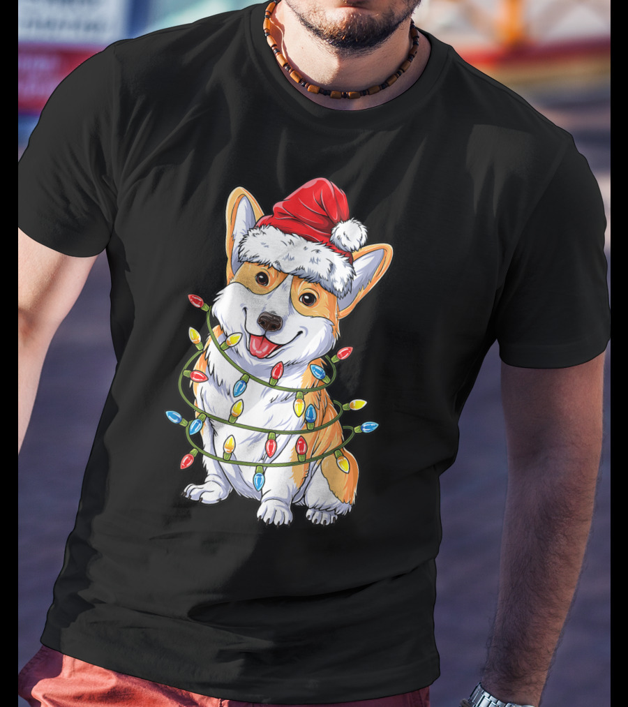 Corgi Santa Hat Wrapped In Christmas Tree Lights T-Shirt