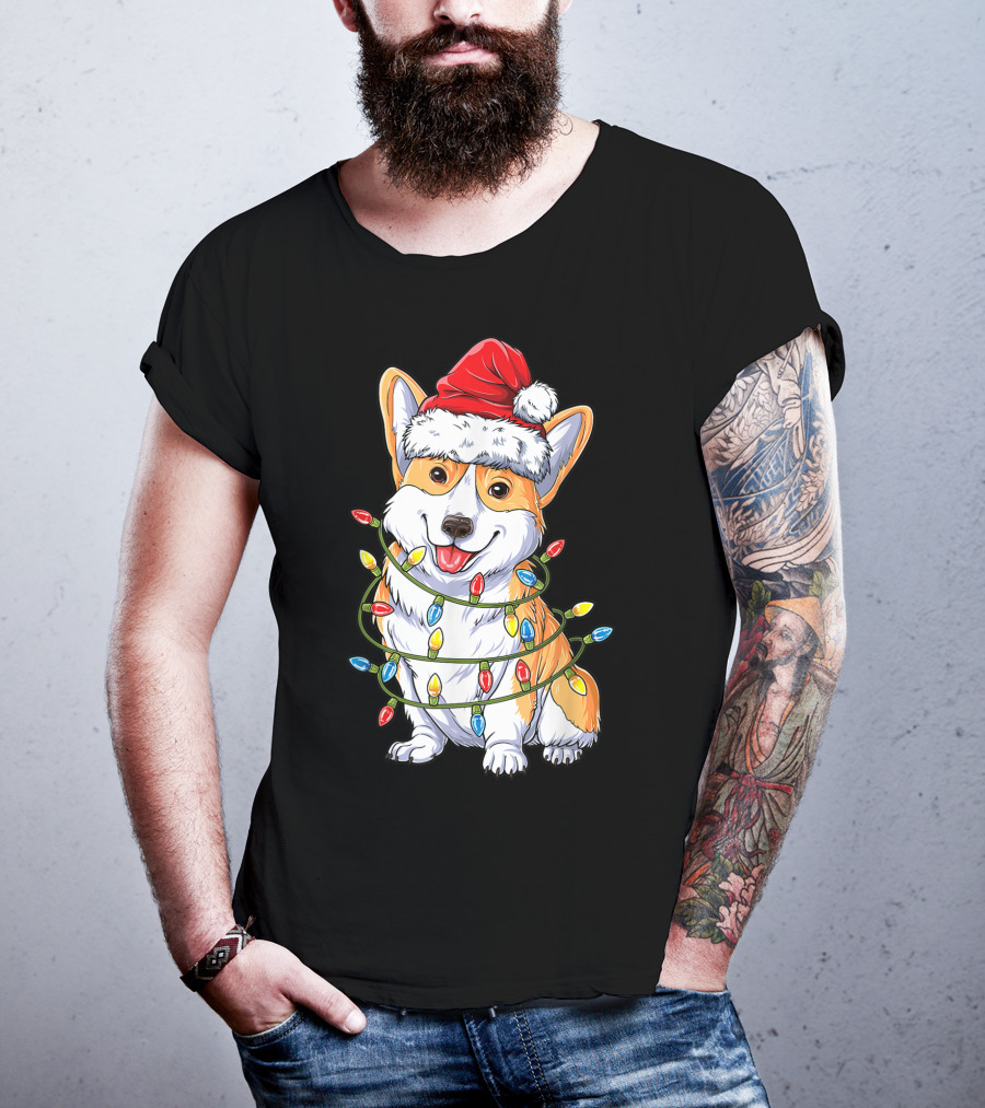 Corgi Santa Hat Wrapped In Christmas Tree Lights T-Shirt