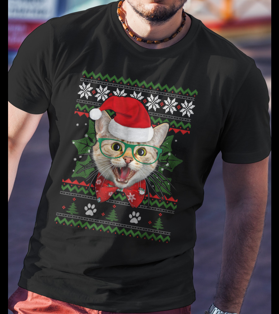 Santa Cat Holiday Ugly Christmas Sweater Look With Holly And Paws T-Shirt