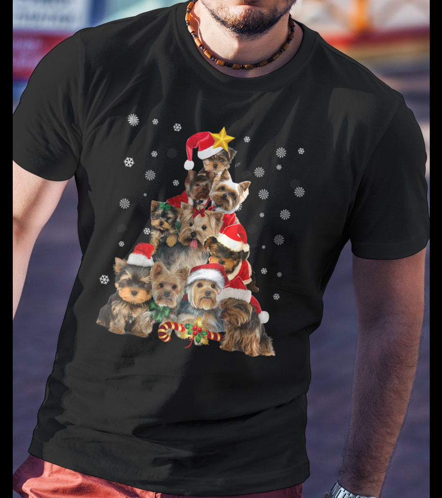 Yorkie Christmas Tree With Santa Hats And Candy Canes T-Shirt