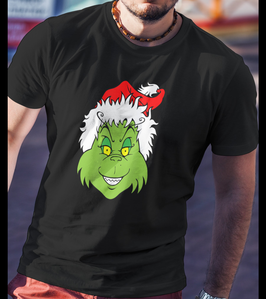 Christmas Grinch Face With Santa Hat T-Shirt