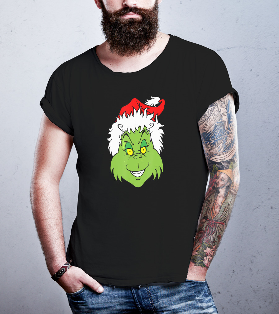 Christmas Grinch Face With Santa Hat T-Shirt