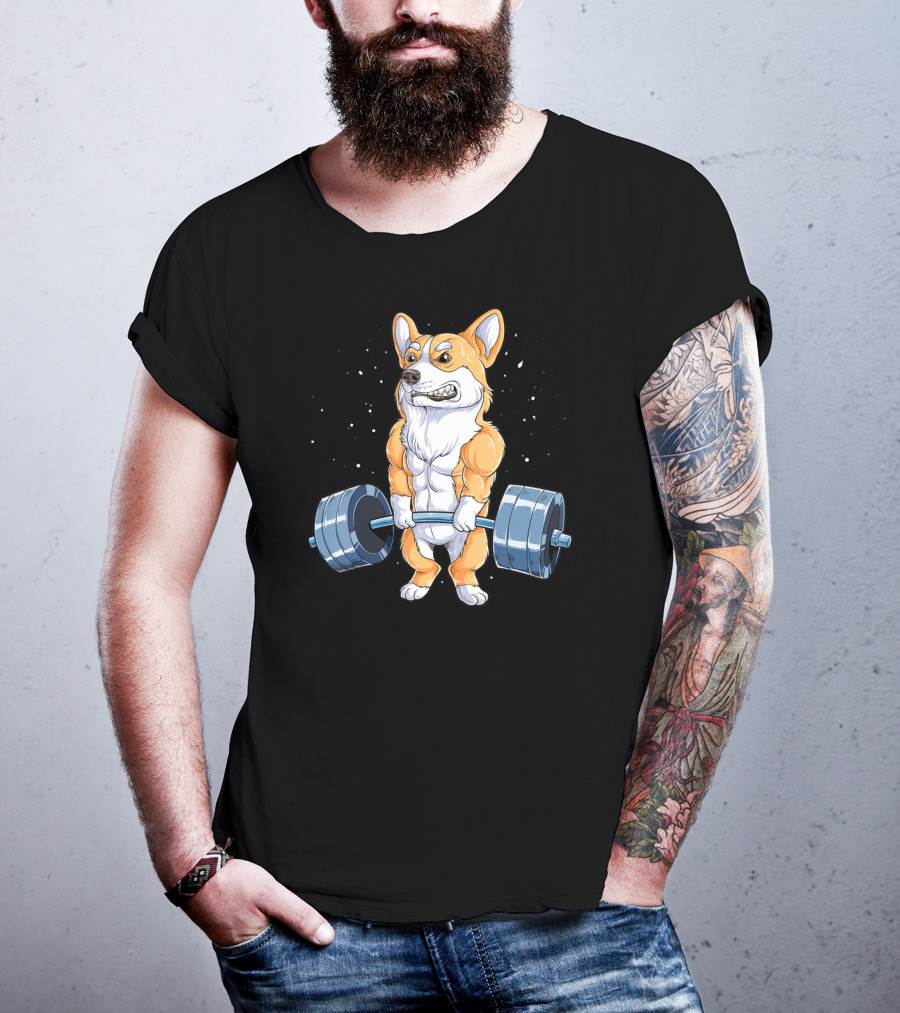 Corgi Weightlifting Deadlift Fitness Muscle Dog Lifting Barbell T-Shirt