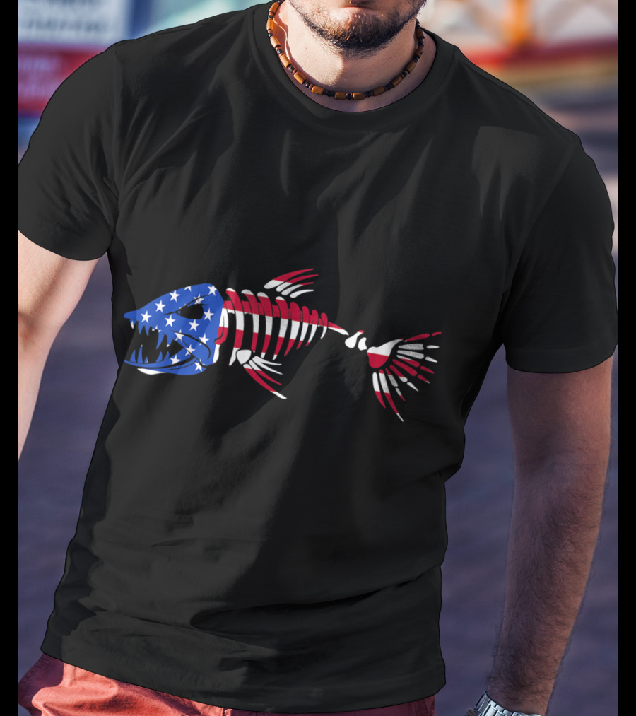 Patriotic Fish Skeleton With American Flag Colors T-Shirt