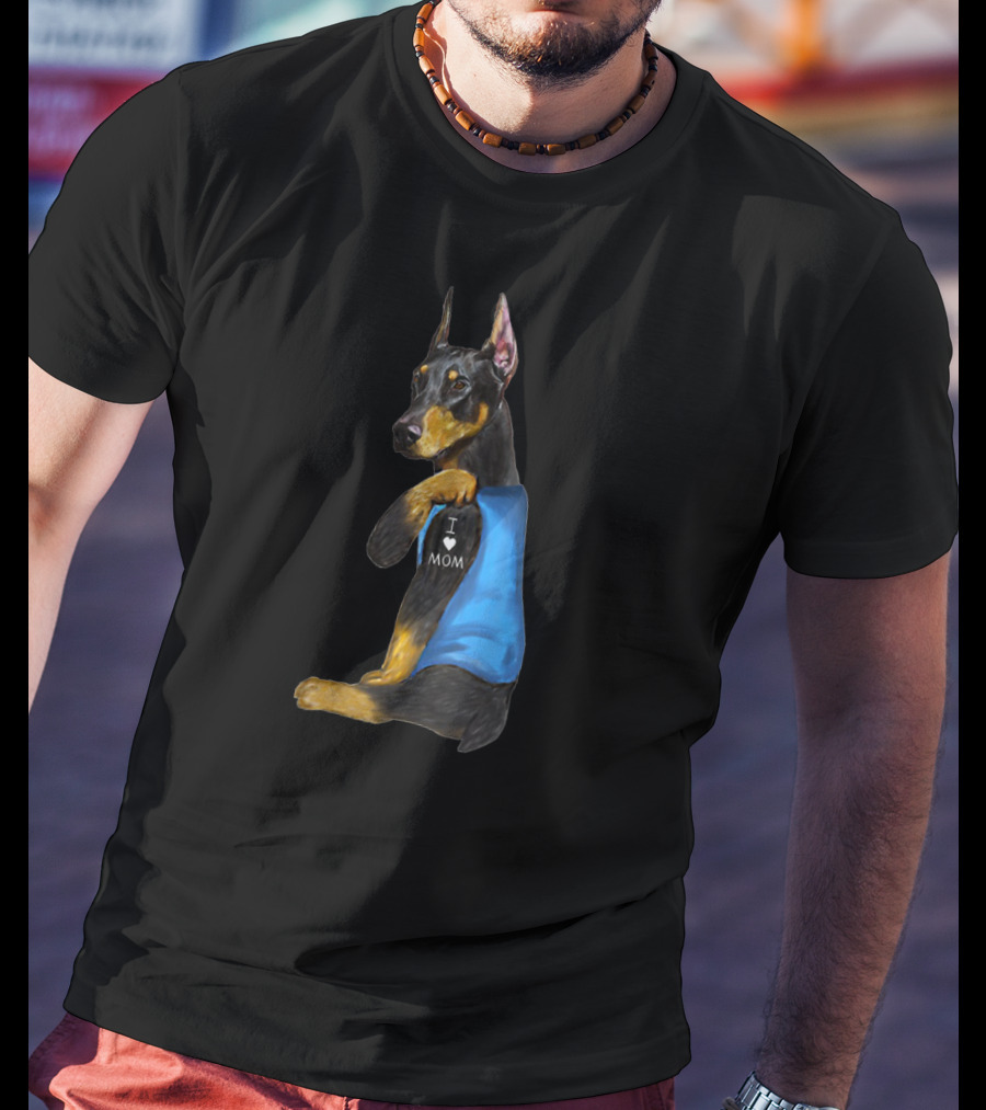 Doberman I Love Mom Tattoo With Blue Vest T-Shirt