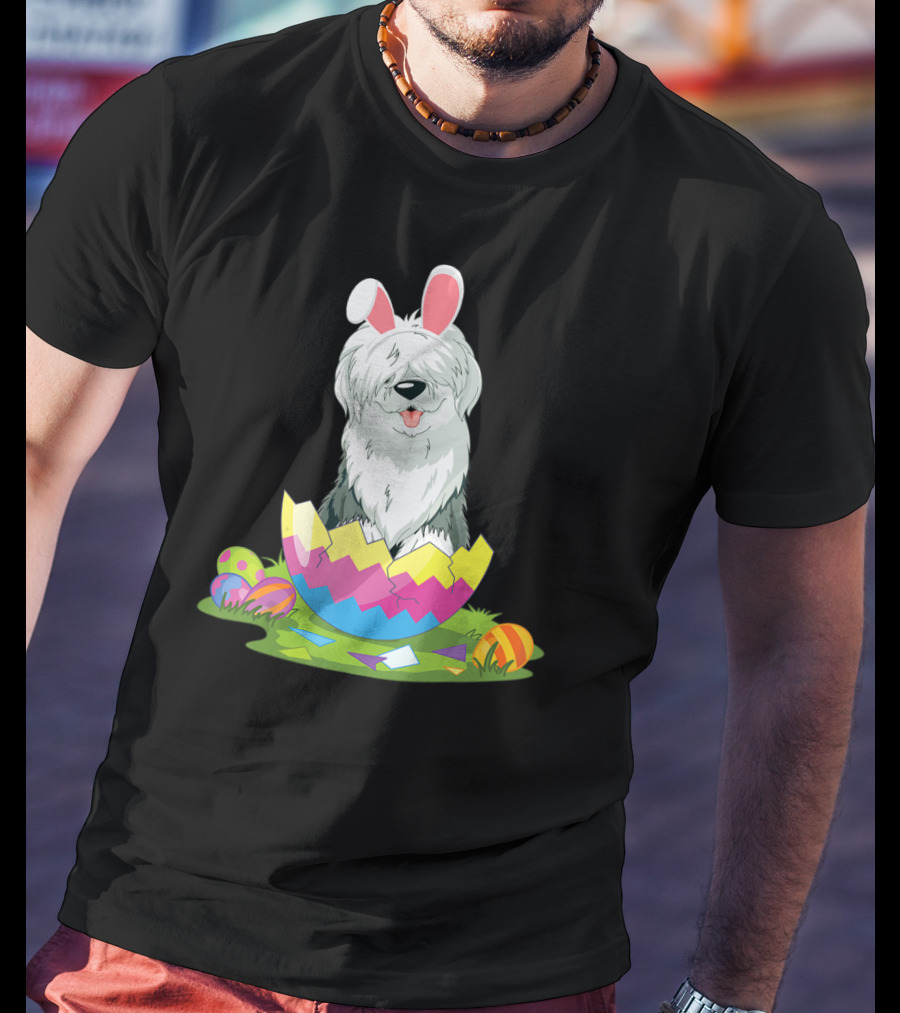 Old English Sheepdog Bunny Ears Easter Egg Scene T-Shirt