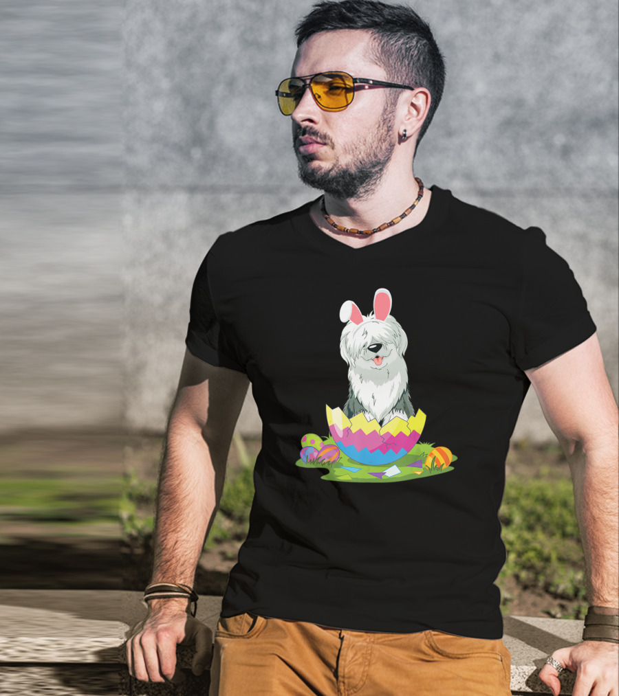 Old English Sheepdog Bunny Ears Easter Egg Scene T-Shirt