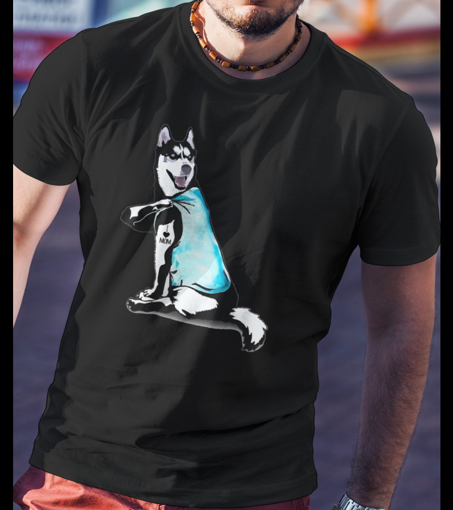 Siberian Husky I Love Mom Tattoo Blue T-Shirt
