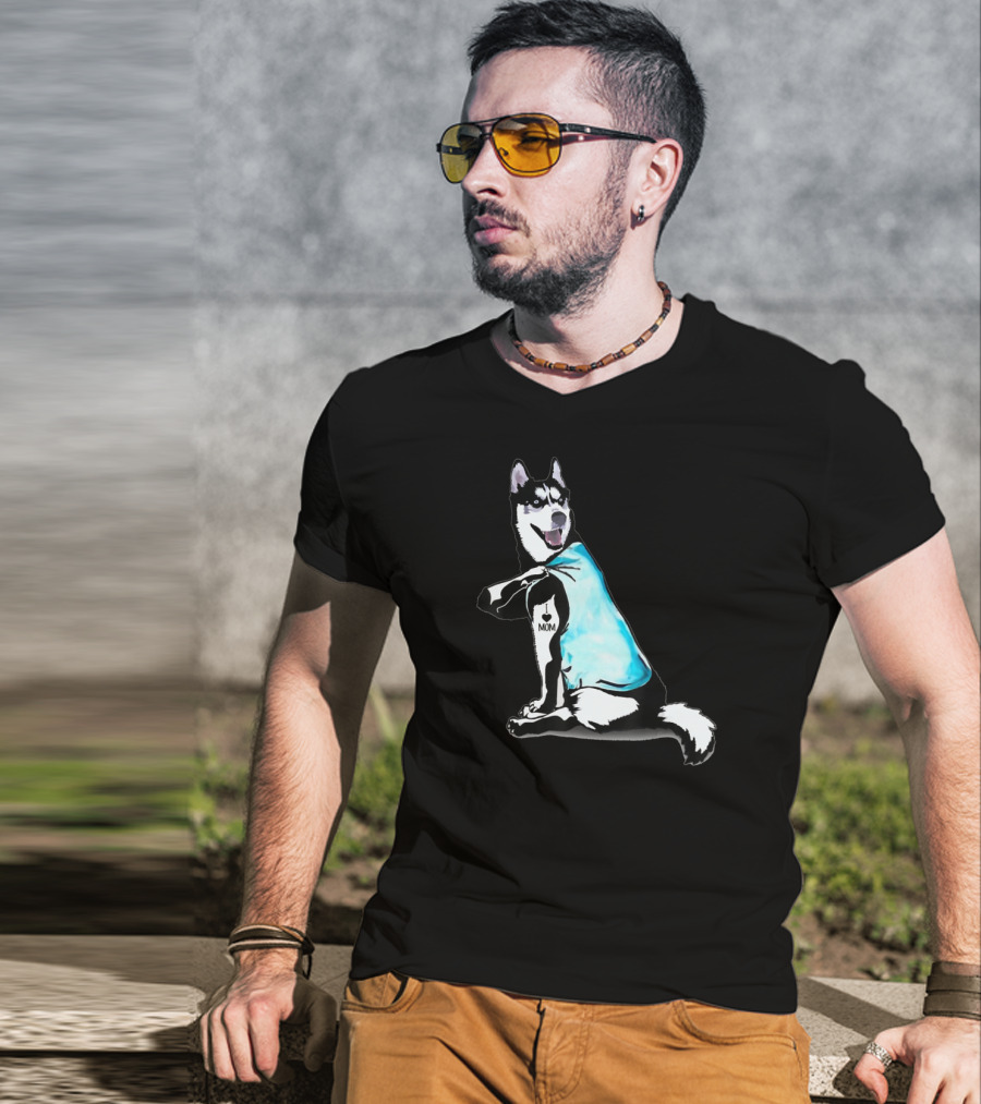 Siberian Husky I Love Mom Tattoo Blue T-Shirt