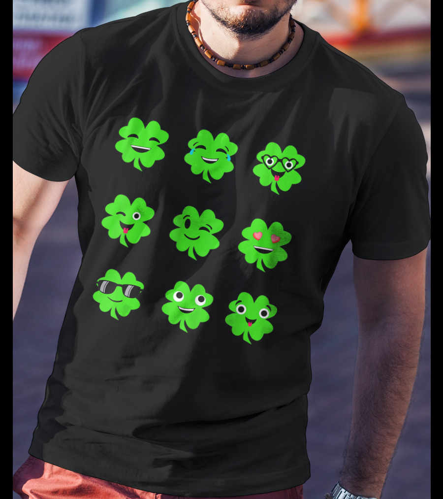 St Patricks Day Irish Shamrock Emoji Faces With Heart Eyes And Sunglasses T-Shirt