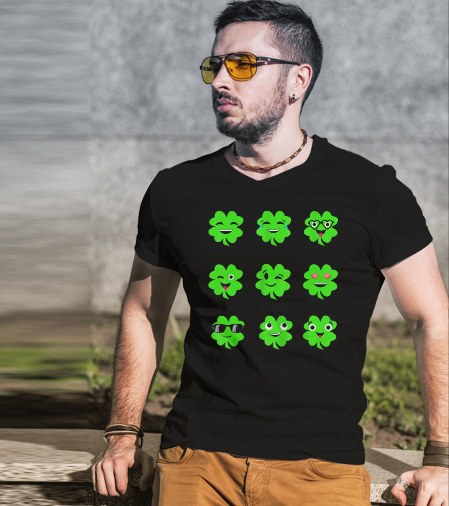 St Patricks Day Irish Shamrock Emoji Faces With Heart Eyes And Sunglasses T-Shirt