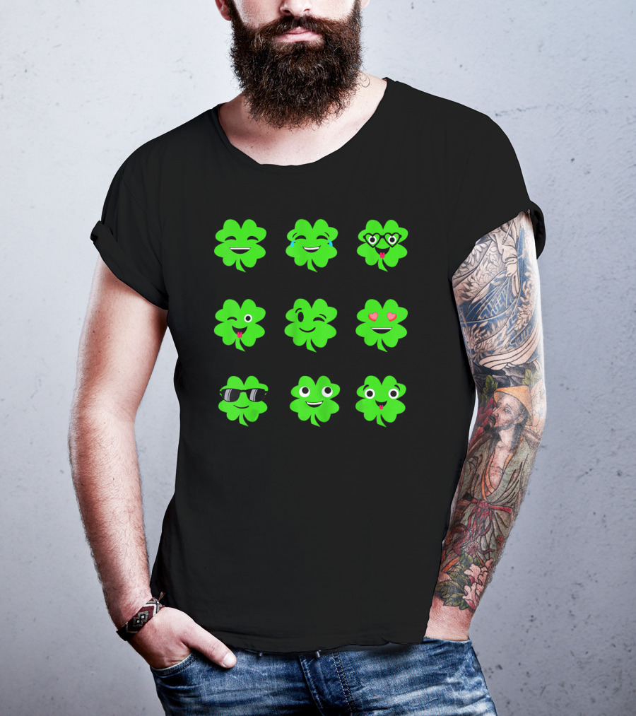 St Patricks Day Irish Shamrock Emoji Faces With Heart Eyes And Sunglasses T-Shirt