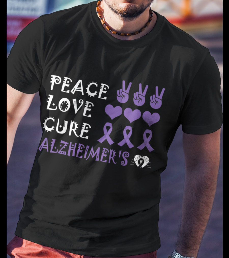 Peace Love Cure Alzheimer's Purple Ribbons Hearts And Peace Signs T-Shirt