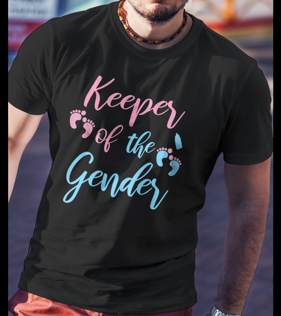 Keeper Of The Gender Party Supplies Pink And Blue Footprints And Baby Bottle T-Shirt