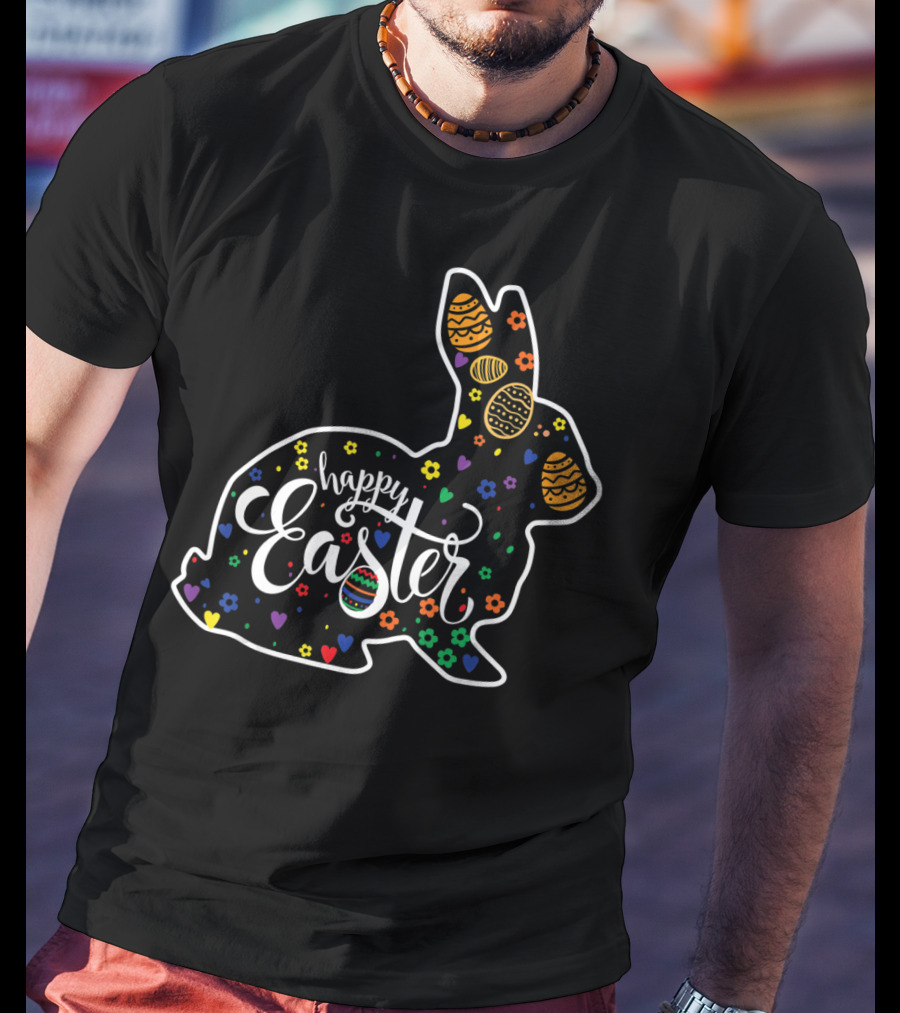 Happy Easter Colorful Bunny With Eggs And Flowers T-Shirt