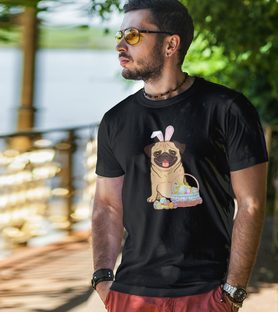 Pug Wearing Bunny Ears With Easter Egg Basket T-Shirt