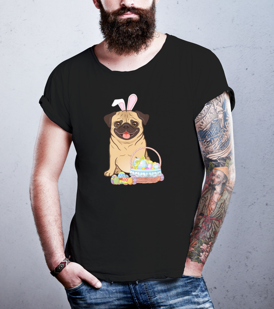 Pug Wearing Bunny Ears With Easter Egg Basket T-Shirt