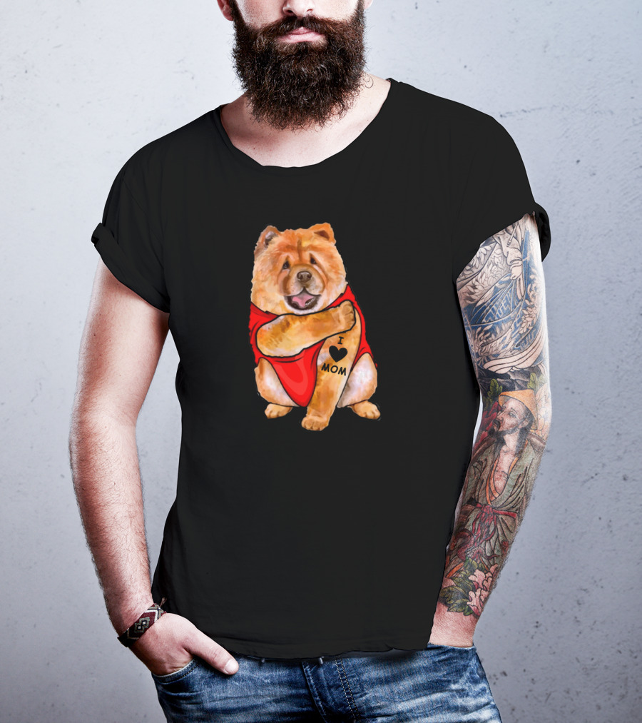Tattoo I Love Mom Chow Chow Dog In Red T-Shirt