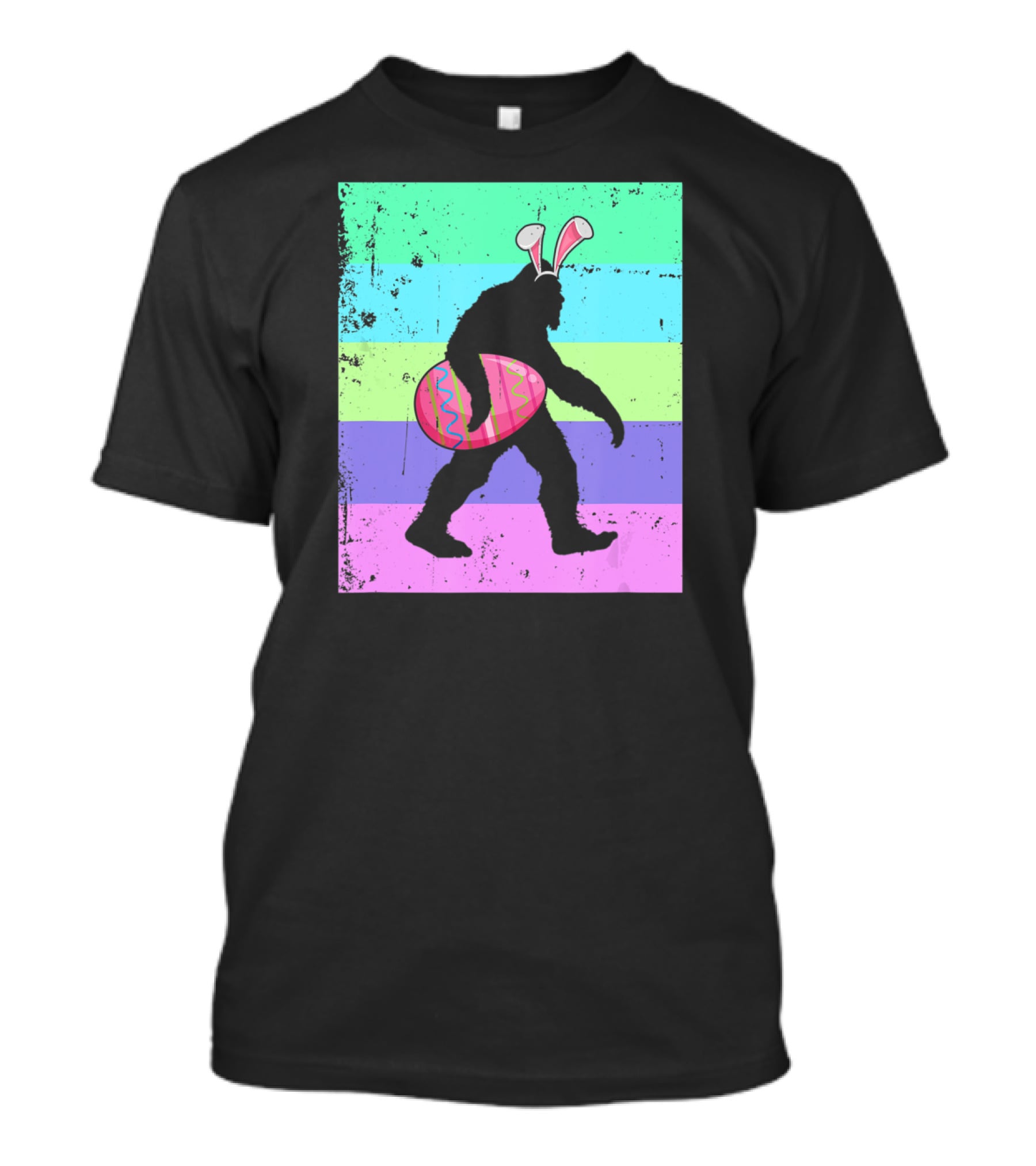 Retro Bigfoot Easter Bunny With Egg Rainbow Stripes T-Shirt