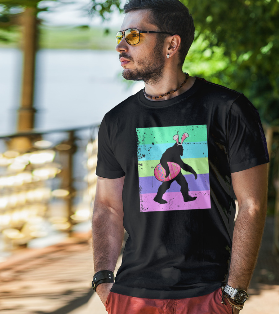 Retro Bigfoot Easter Bunny With Egg Rainbow Stripes T-Shirt