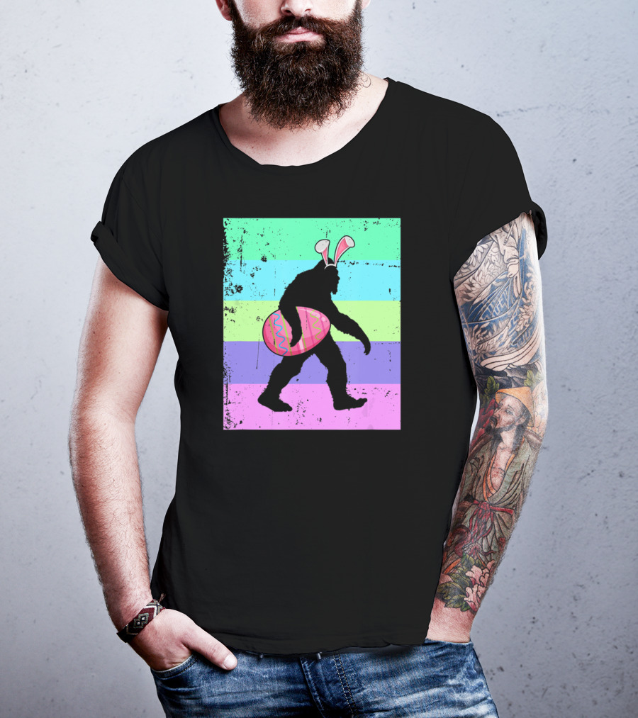 Retro Bigfoot Easter Bunny With Egg Rainbow Stripes T-Shirt