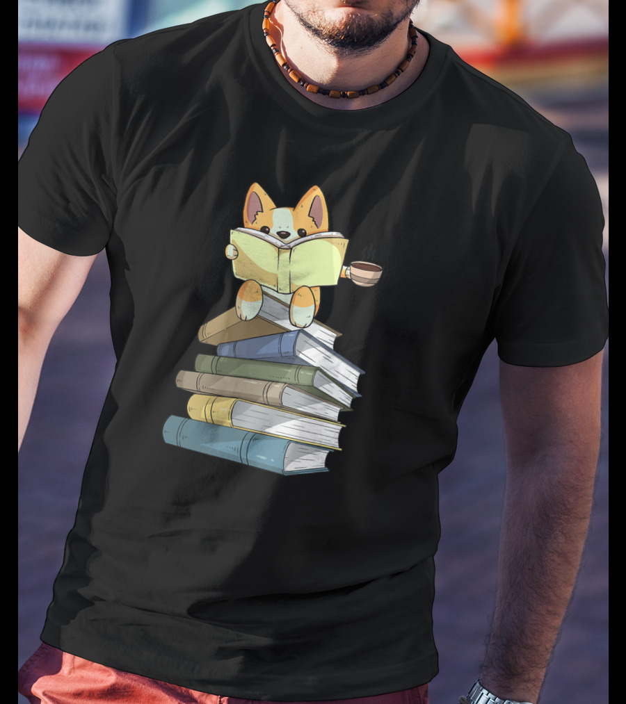 Corgi Sitting On Book Stack With Coffee And Reading Book T-Shirt