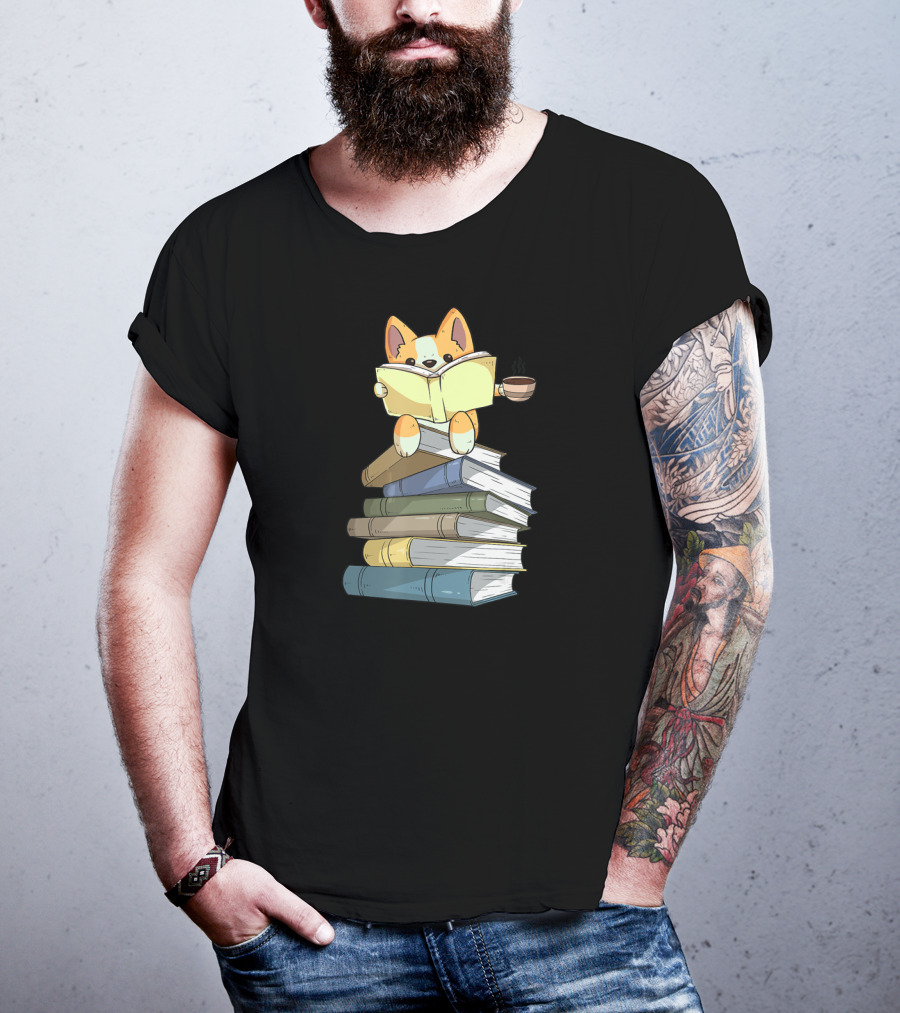 Corgi Sitting On Book Stack With Coffee And Reading Book T-Shirt