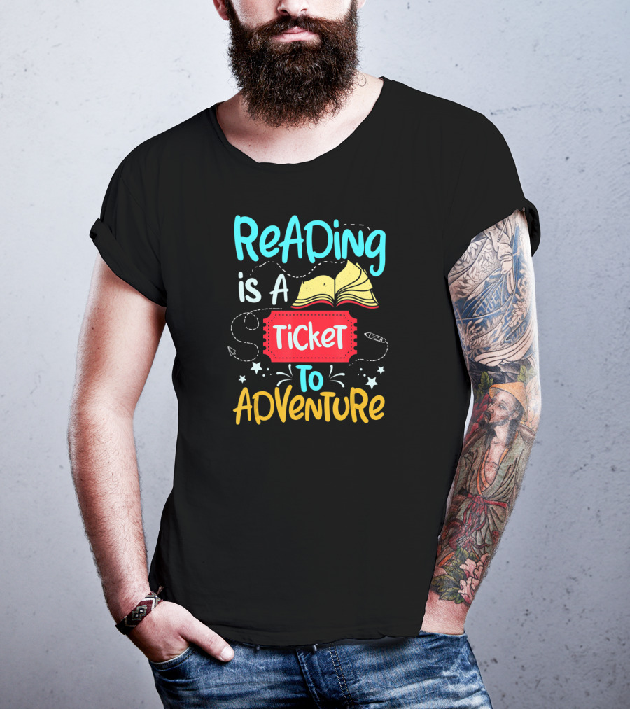 Reading Is A Ticket To Adventure Book Open Pages Stars Pencils T-Shirt