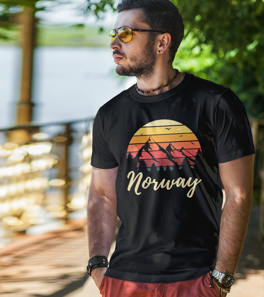 Retro Norway Mountain Sunset Landscape With Pine Trees And Birds T-Shirt