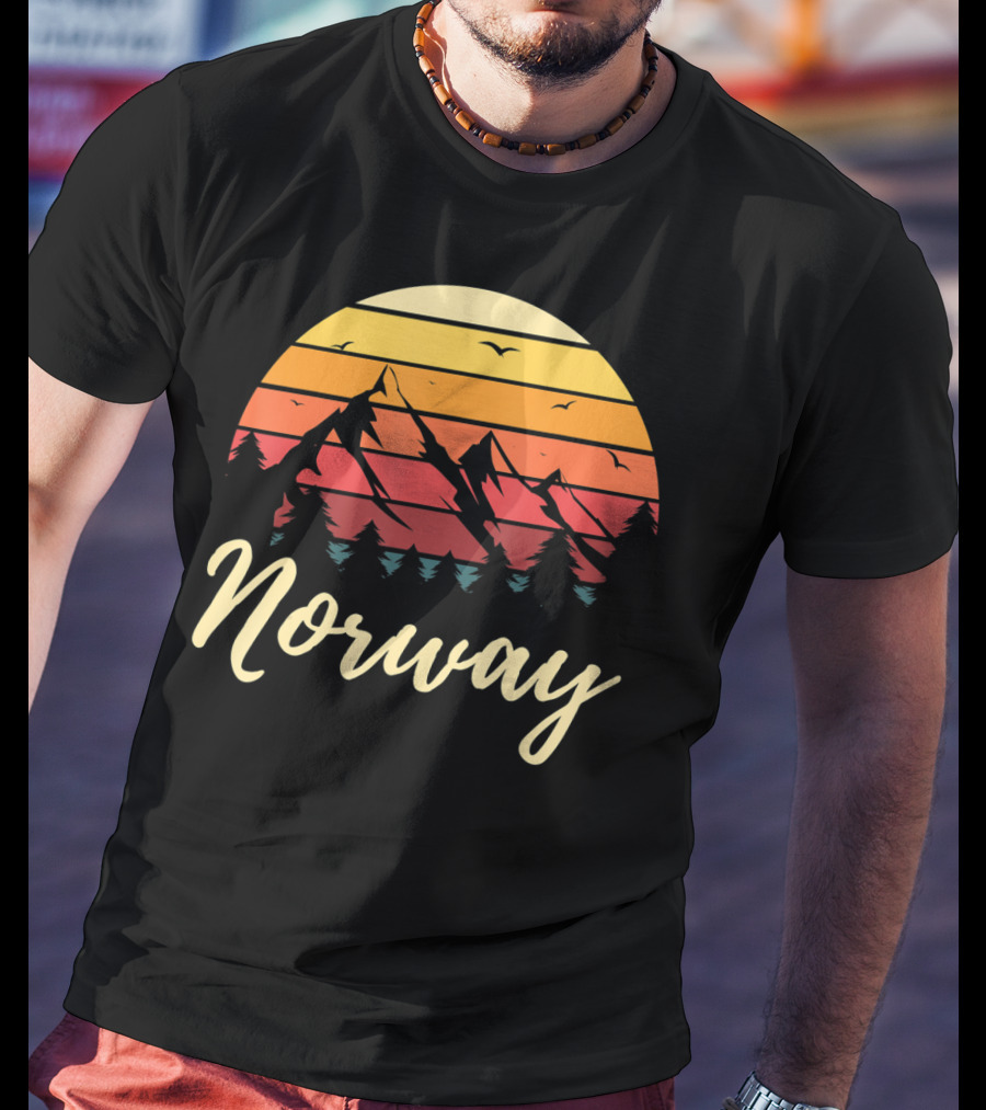 Retro Norway Mountain Sunset Landscape With Pine Trees And Birds T-Shirt