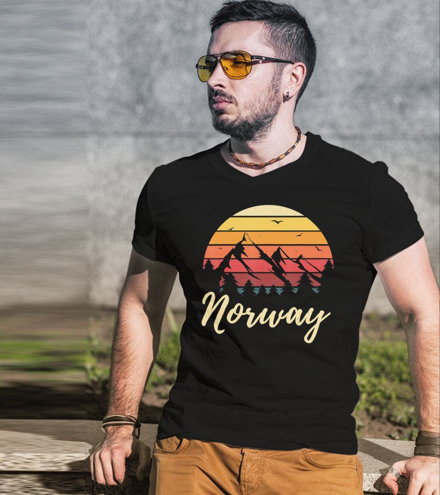 Retro Norway Mountain Sunset Landscape With Pine Trees And Birds T-Shirt