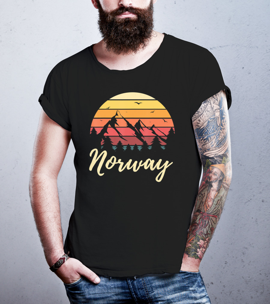 Retro Norway Mountain Sunset Landscape With Pine Trees And Birds T-Shirt