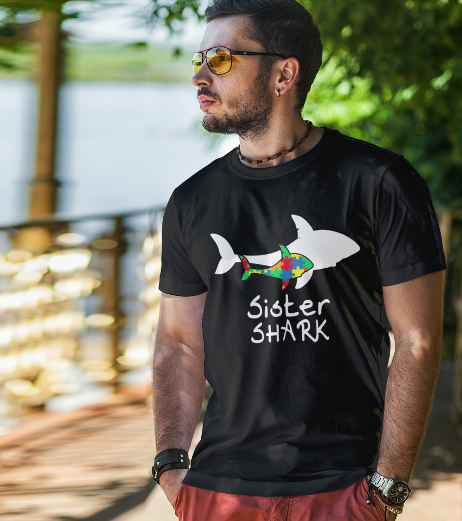 Sister Shark Autism Puzzle Piece Awareness T-Shirt