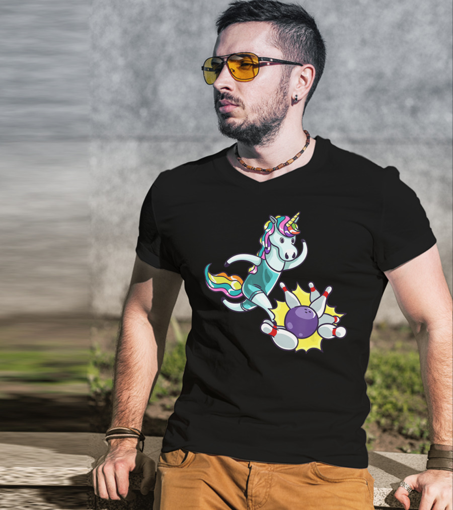 Bowling Unicorn Striking Pins USA Lover T-Shirt