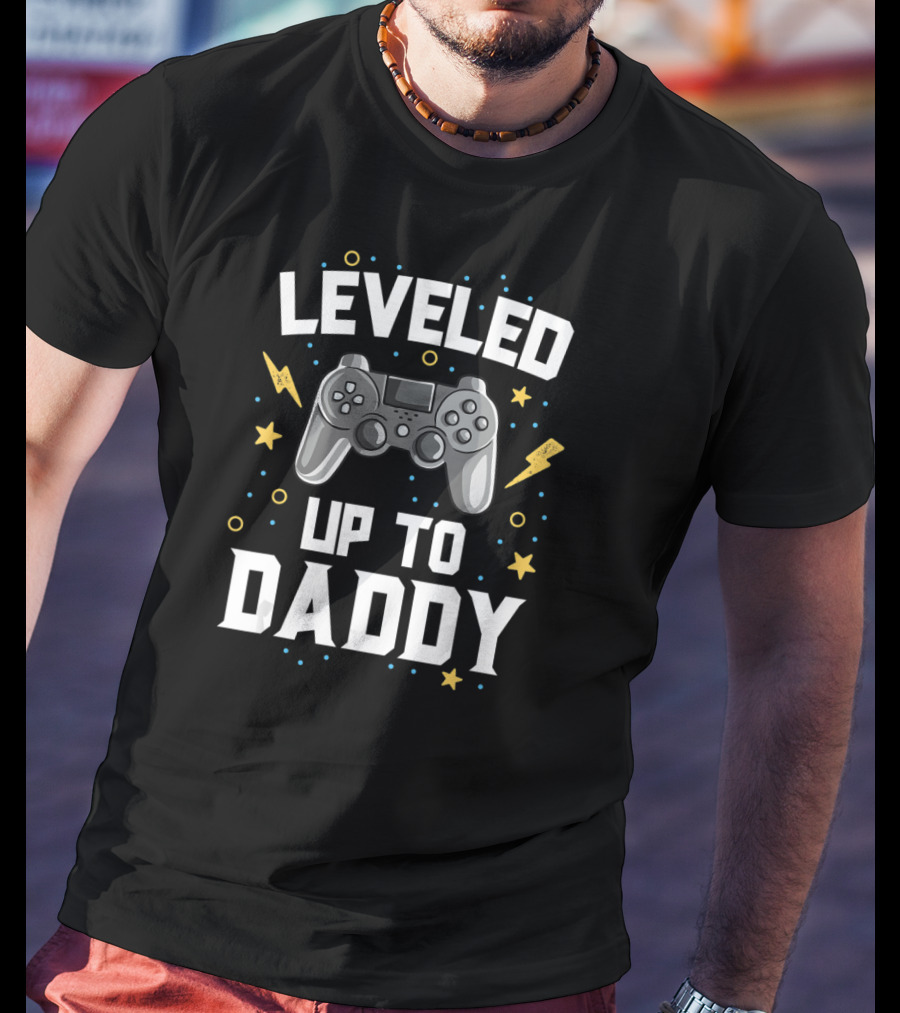 Leveled Up To Daddy Gamer With Game Controller And Stars T-Shirt