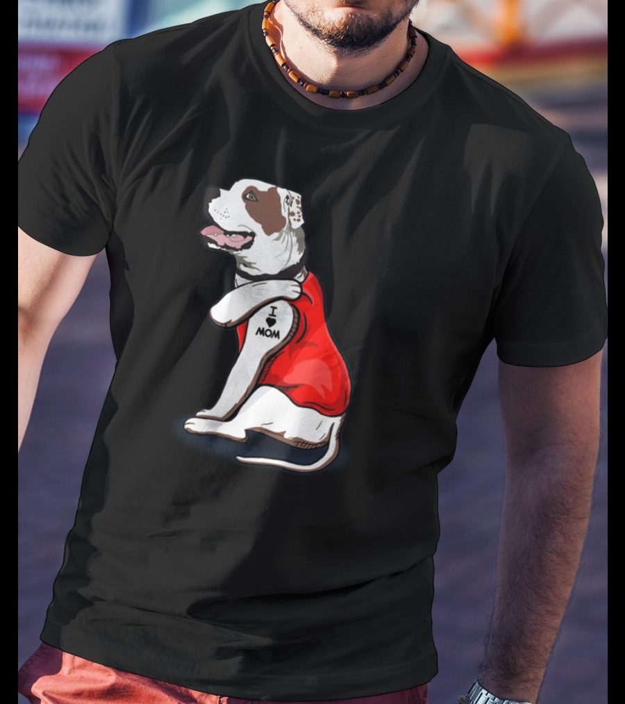 American Bulldog Wearing I Love Mom Tattoo Paw Sleeve T-Shirt