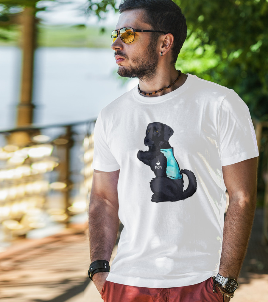 Black Labrador Dog With I Love Mom Heart Tattoo T-Shirt