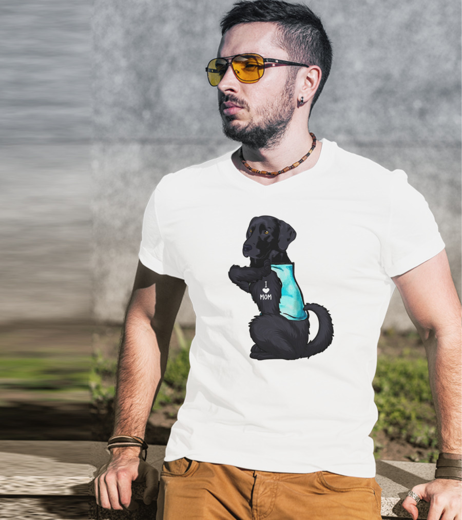Black Labrador Dog With I Love Mom Heart Tattoo T-Shirt