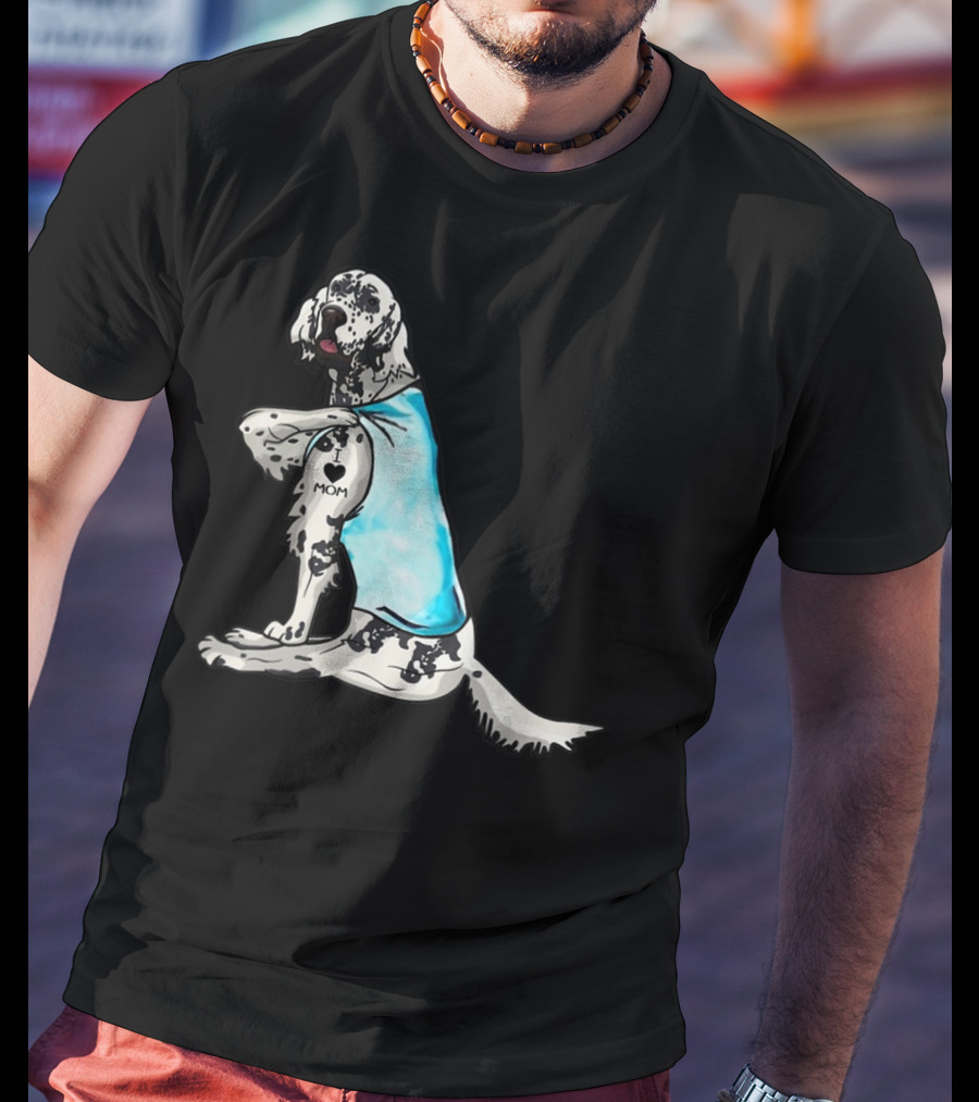 English Setter With I Love Mom Tattoo And Blue Bandana T-Shirt