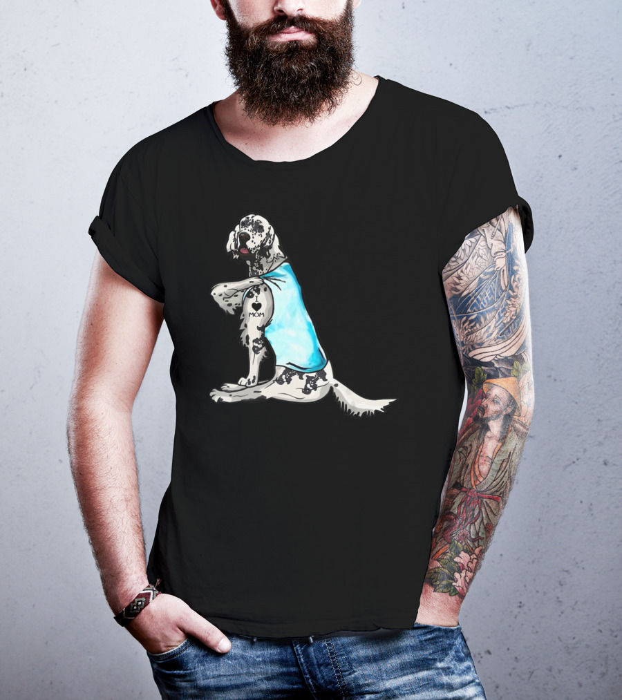 English Setter With I Love Mom Tattoo And Blue Bandana T-Shirt