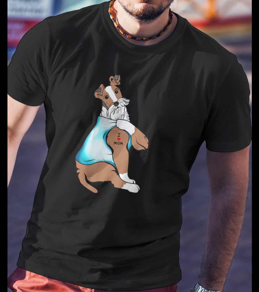 Fox Terrier Dog I Love Mom Tattoo T-Shirt