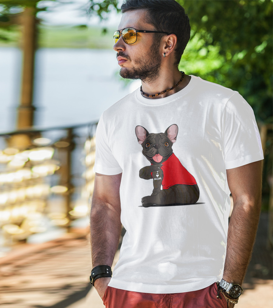 French Bulldog I Love Mom Tattooed In Red T-Shirt