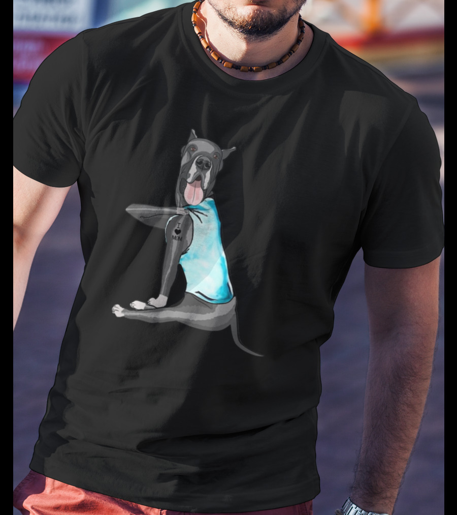 Great Dane I Love Mom Tattoo Dog In Blue Vest T-Shirt