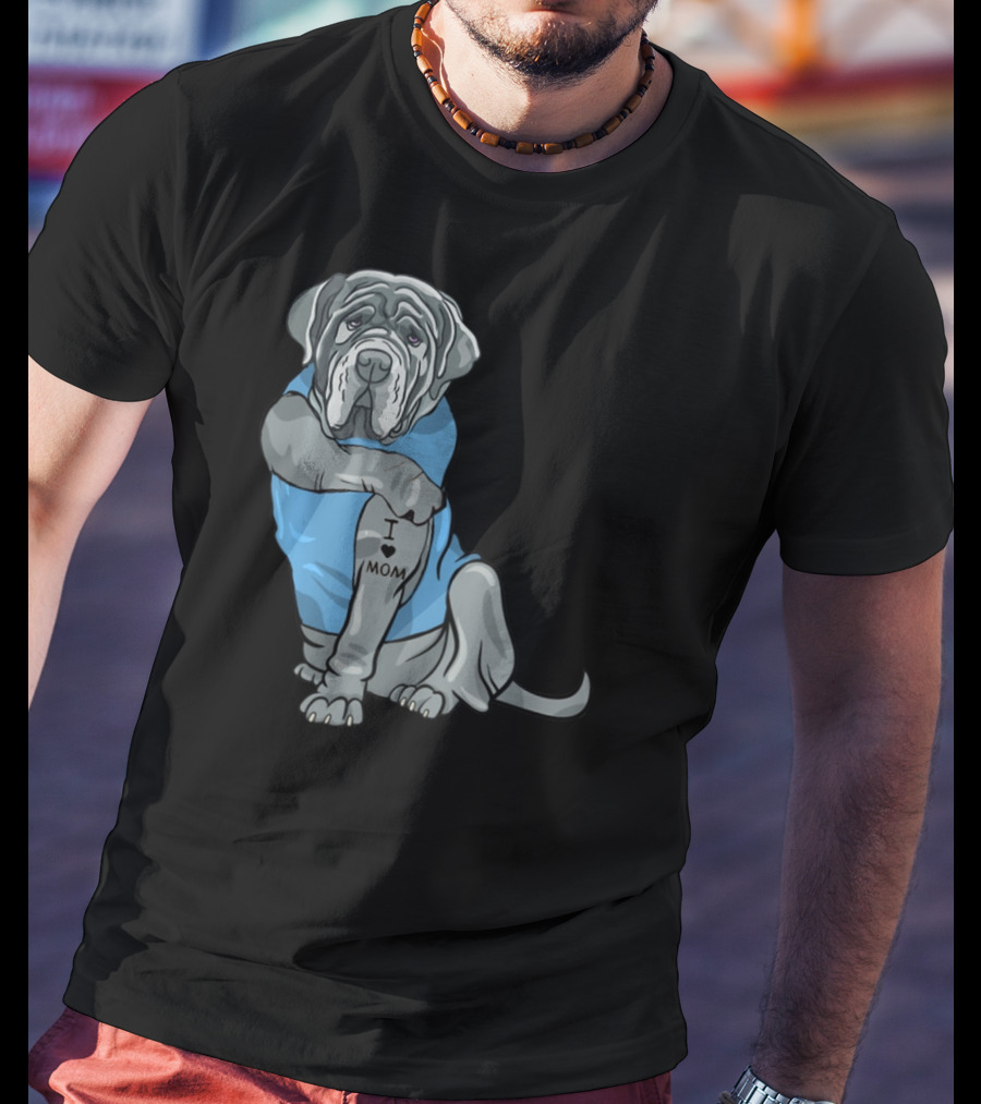 Neapolitan Mastiff I Love Mom Tattoo Dog Wearing Blue T-Shirt