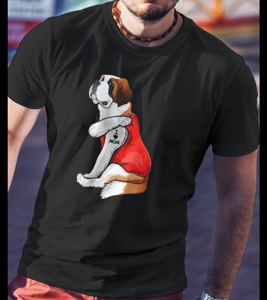 St Bernard Dog I Love Mom Tattoo Heart Red Top T-Shirt