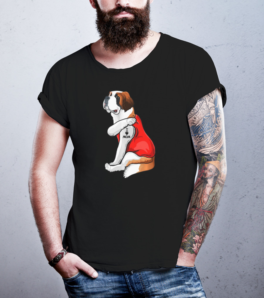 St Bernard Dog I Love Mom Tattoo Heart Red Top T-Shirt