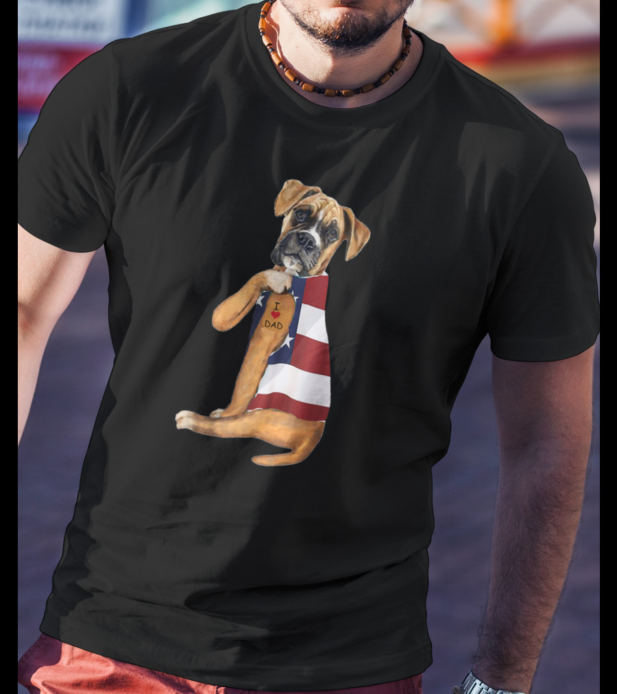 Boxer Dog I Love Dad American Flag T-Shirt