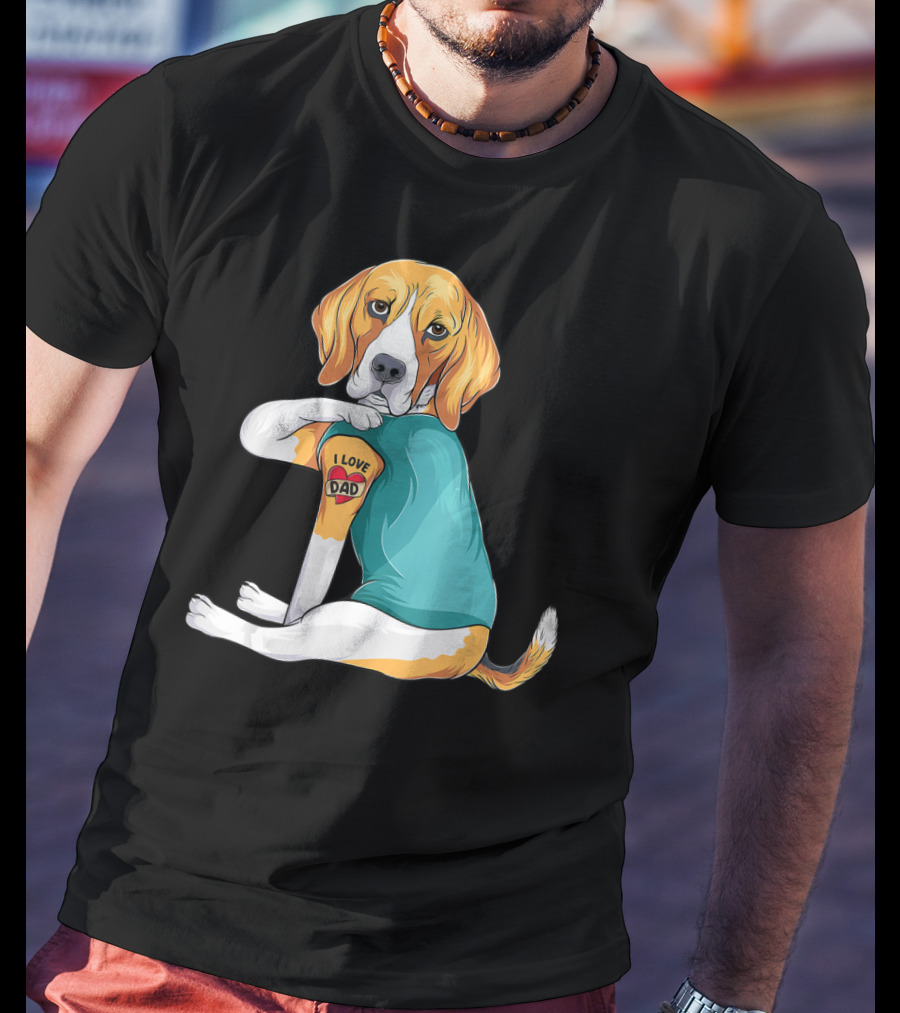 Father's Day Beagle I Love Dad Tattoo Dog Wearing T-Shirt